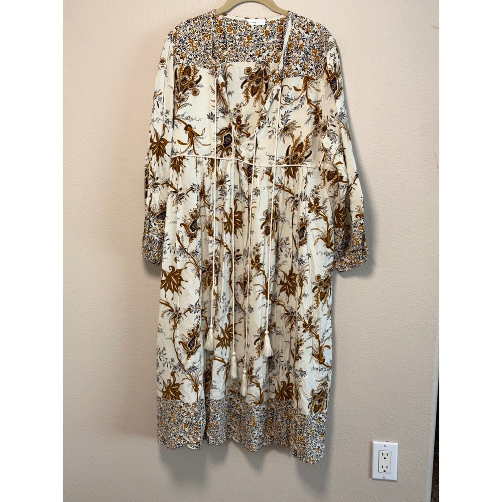 R.Vivimos Women XL Boho Floral Paisley Tassel Tie Midi Dress Long Sleeve Cream
